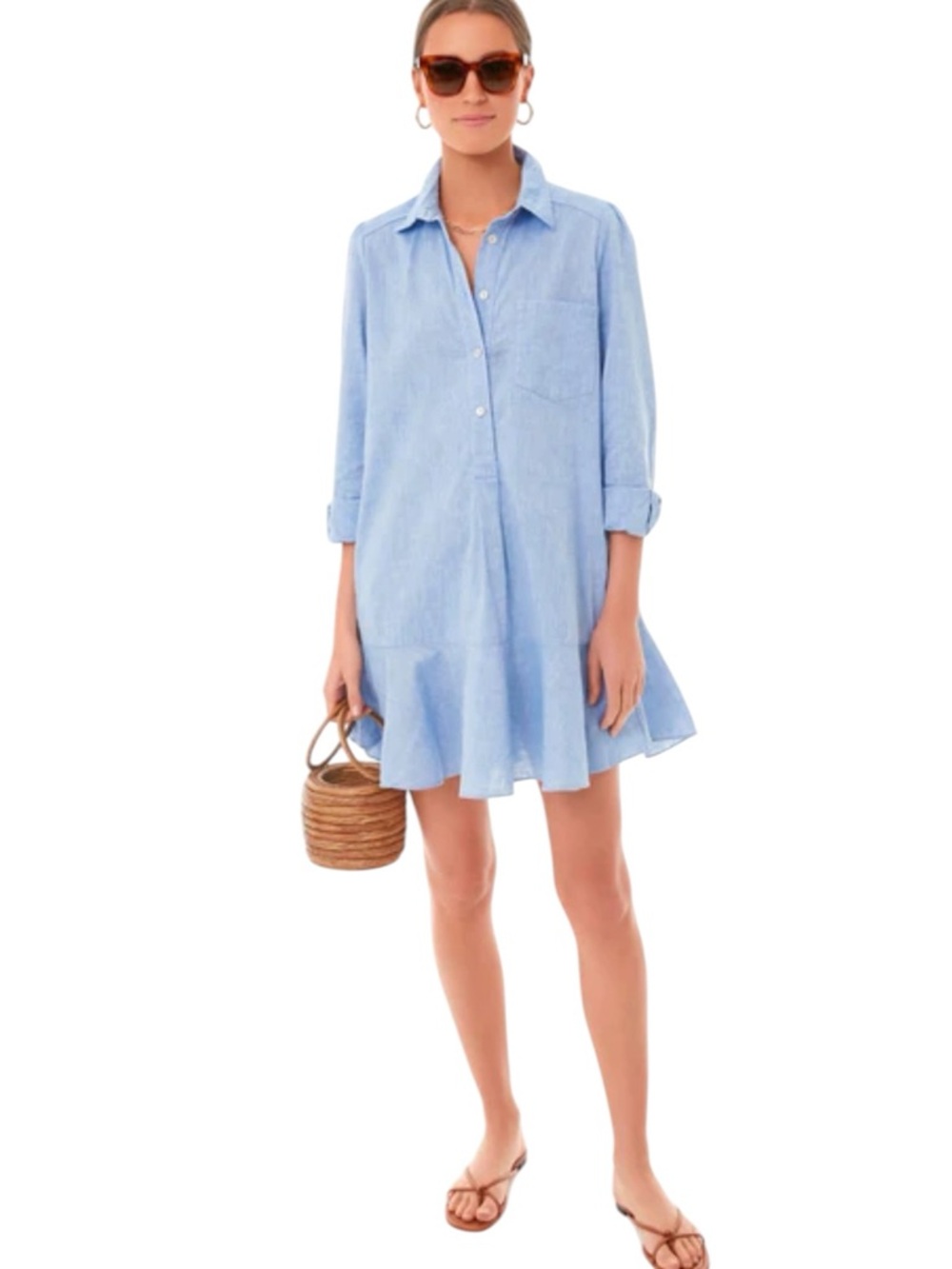 Tuckernuck Callahan Light Blue chambray Long-Sleeve Shirt Dress ruffle hem xs - Picture 2 of 15
